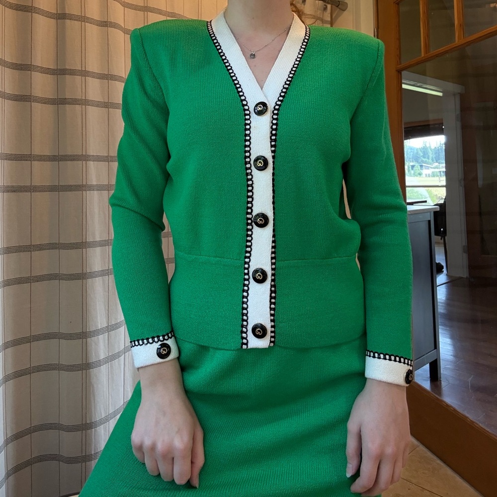 Green St. John Button-Up Cardigan and Skirt Set